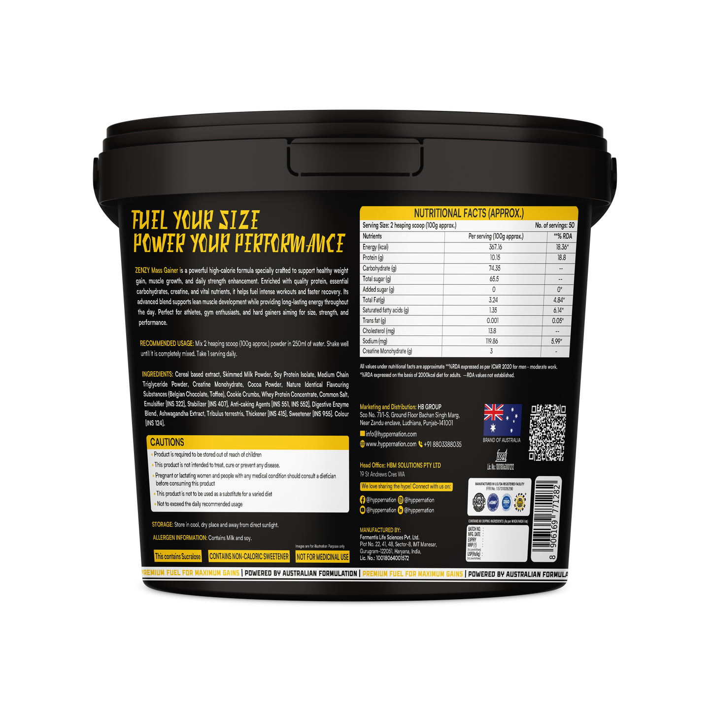 Hypper Nation ZENZY Anabolic Matrix Mass Gainer 5kg – Banana | 10g Protein | 74.35g Carbs | 3g Creatine | High-Calorie Weight Gainer (Copy)