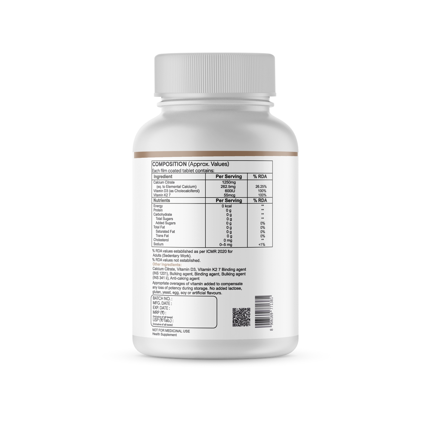 Hypper Nation Calcium + Vitamin D3 + Vitamin K2-7 Tablets | Bone, Teeth & Muscle Support | 90 Tablets