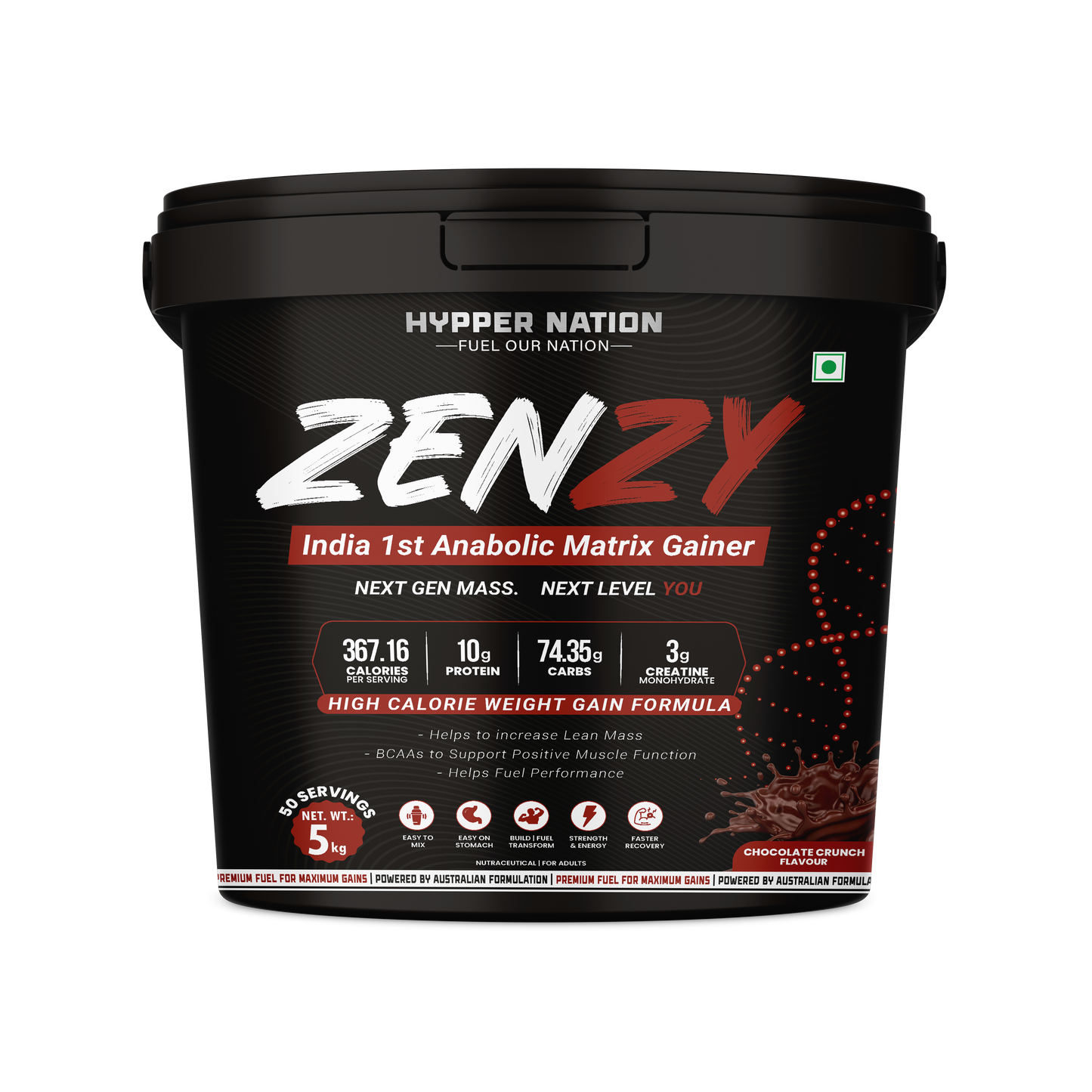 Hypper Nation ZENZY Anabolic Matrix Mass Gainer 1kg – Strawberry Banana Crunch | 10g Protein | 74.35g Carbs | 3g Creatine | High-Calorie Weight Gainer