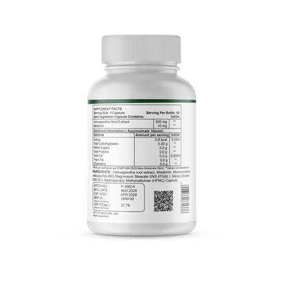 KSM-66® Ashwagandha + Melatonin Capsules | 500mg Ashwagandha Root Extract + 10mg Melatonin | Stress Relief, Sleep Support, Recovery & Vitality | 90 Capsules
