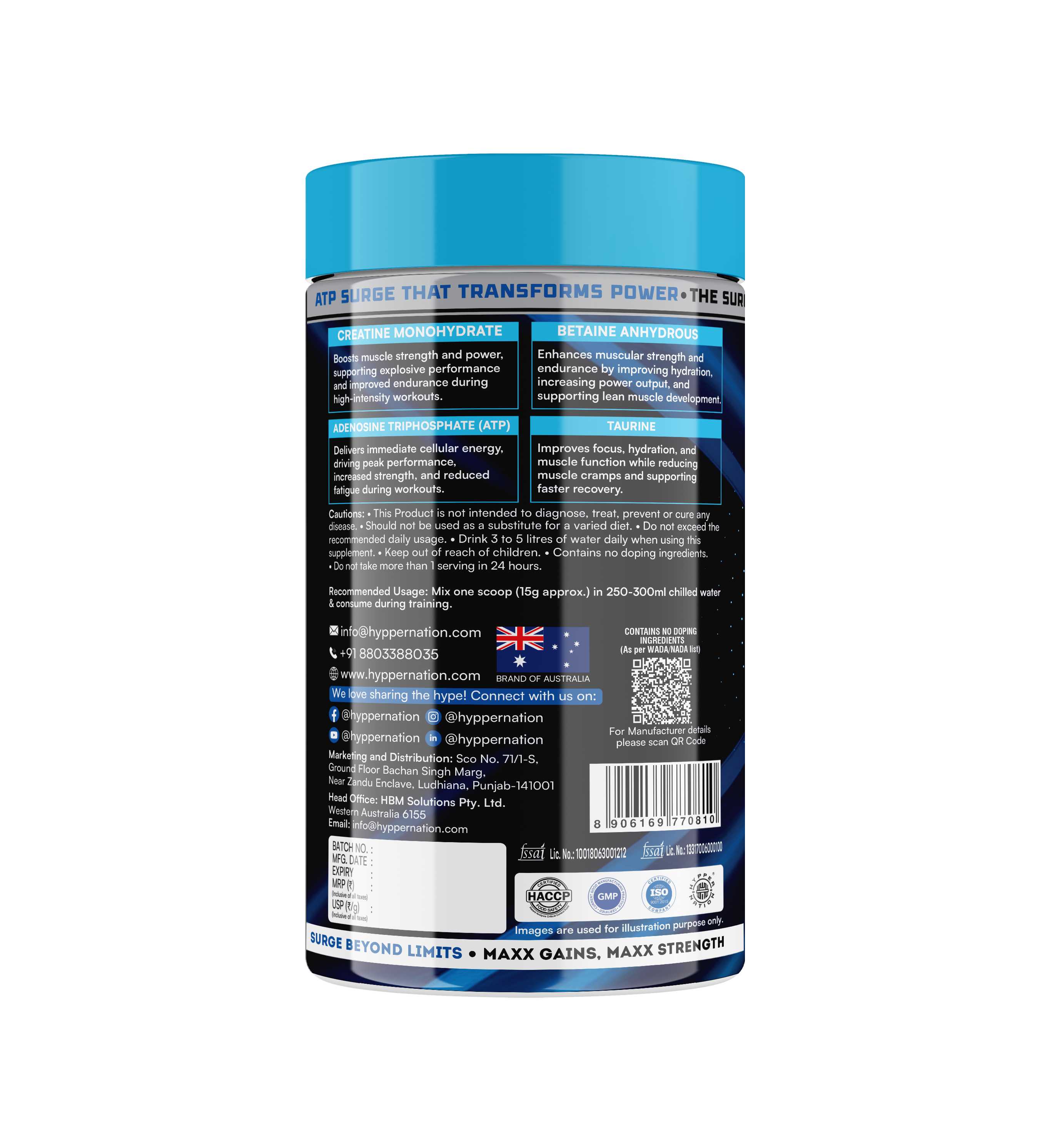 ATP Surge : Blend of Creatine, Betaine, Taurine 450 Grams (30 Servings) Blueberry