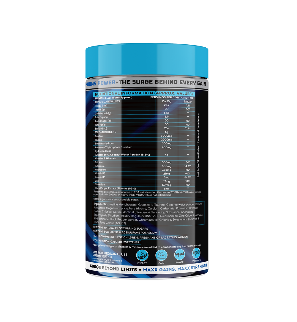 ATP SURGE : BLEND OF CREATINE, BETAINE, TAURINE - 450 GRAM (30 SERVINGS) BLUEBERRY