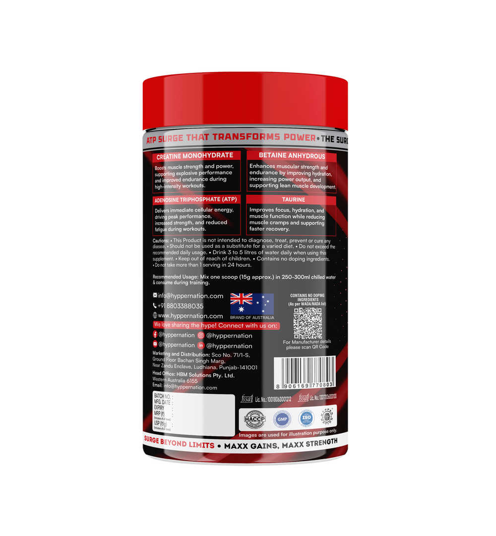 ATP SURGE : BLEND OF CREATINE, BETAINE, TAURINE - 450 GRAM (30 SERVINGS) BLUEBERRY