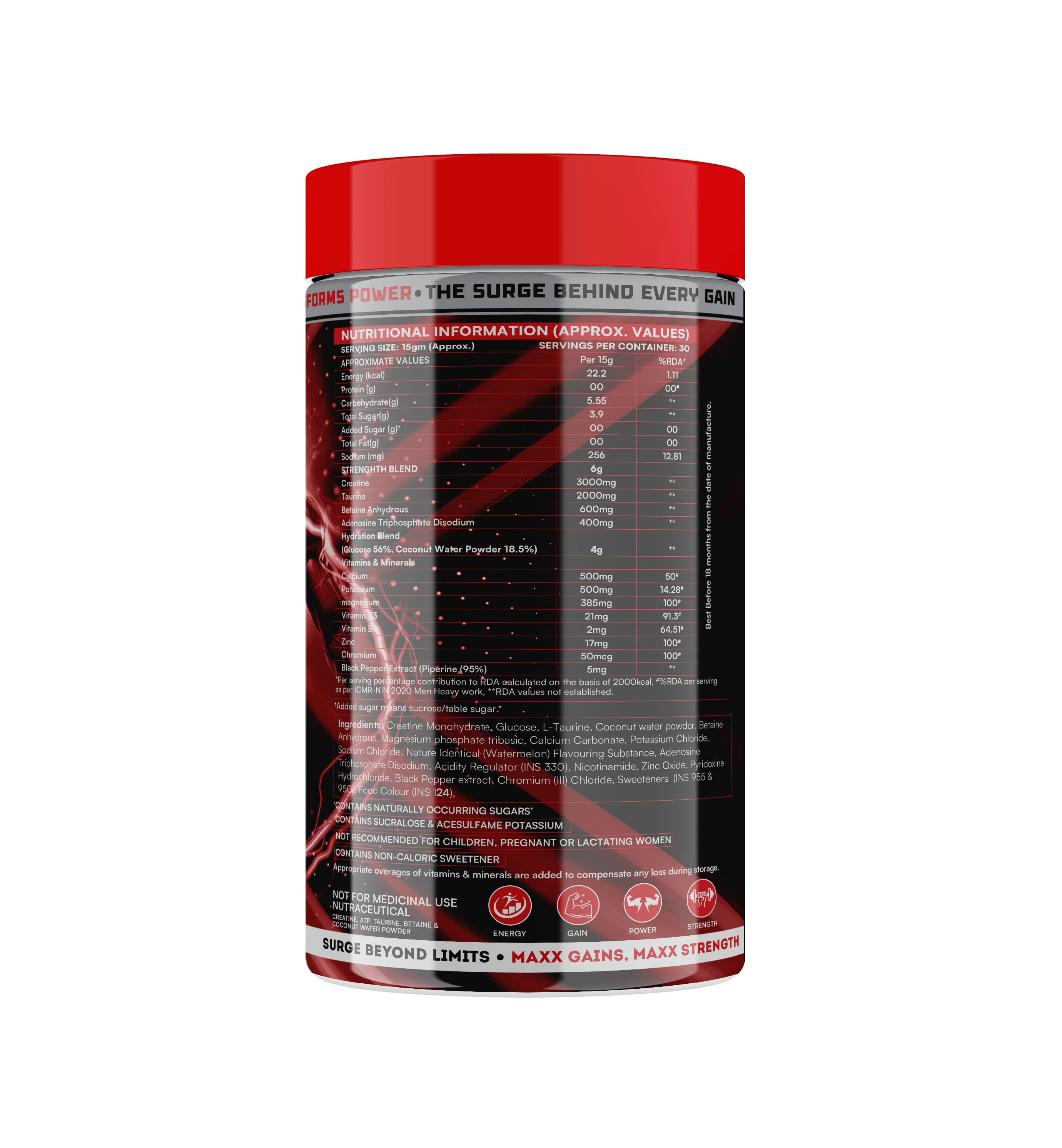 ATP Surge : Blend of Creatine, Betaine, Taurine 450 Grams (30 Servings) Watermelon