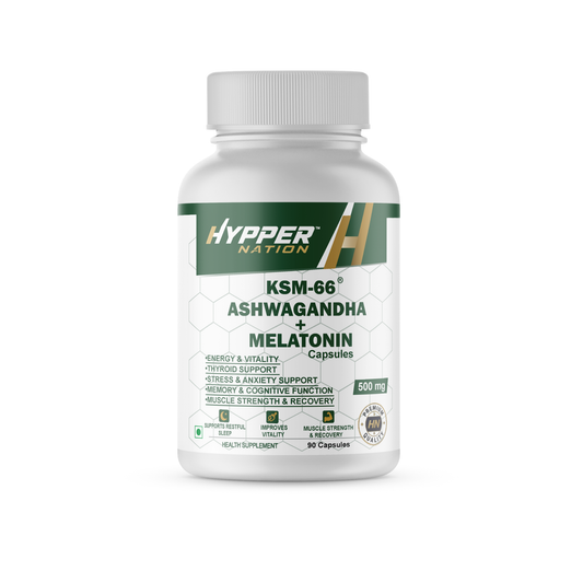 KSM-66® Ashwagandha + Melatonin Capsules | 500mg Ashwagandha Root Extract + 10mg Melatonin | Stress Relief, Sleep Support, Recovery & Vitality | 90 Capsules
