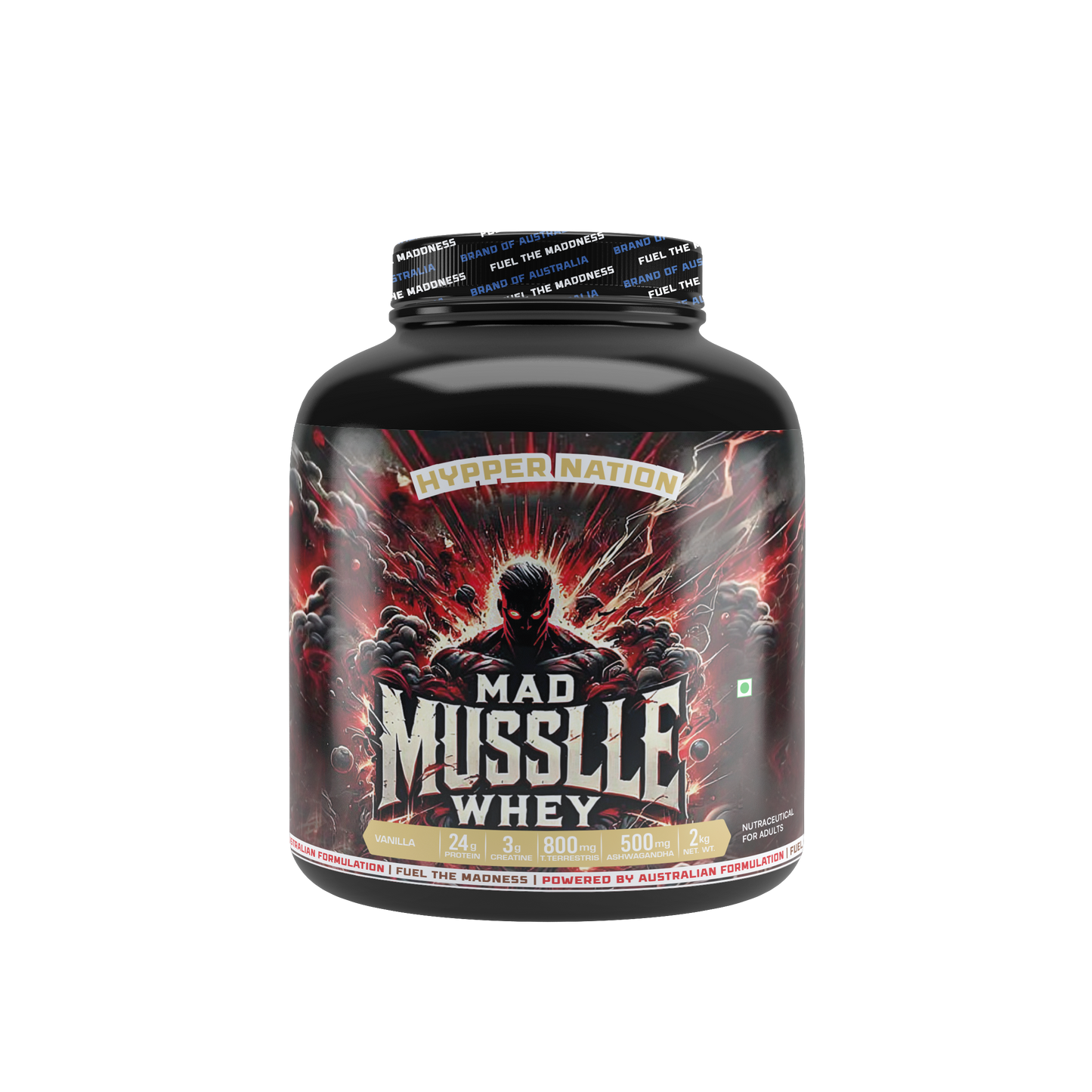 MAD MUSSLLE ADVANCED WHEY – 2KG (53 SERVINGS) 24G PROTEIN, 3G CREATINE 200MG, ASHWAGANDHA, 800mg TRIBULUS (VANILLA)