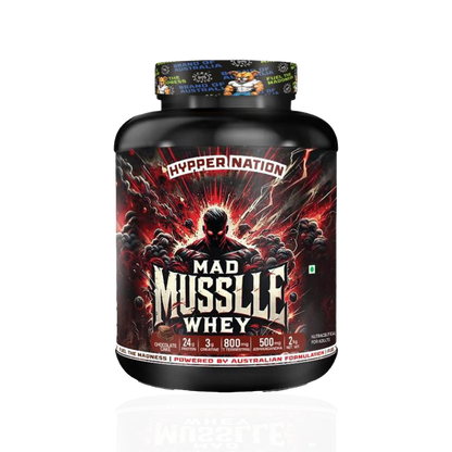 Mad Musslle Advanced Muscle Builder – 2KG (53 Servings) | 24g Protein, 3g Creatine, 500mg Ashwagandha, 800mg Tribulus | Chocolate