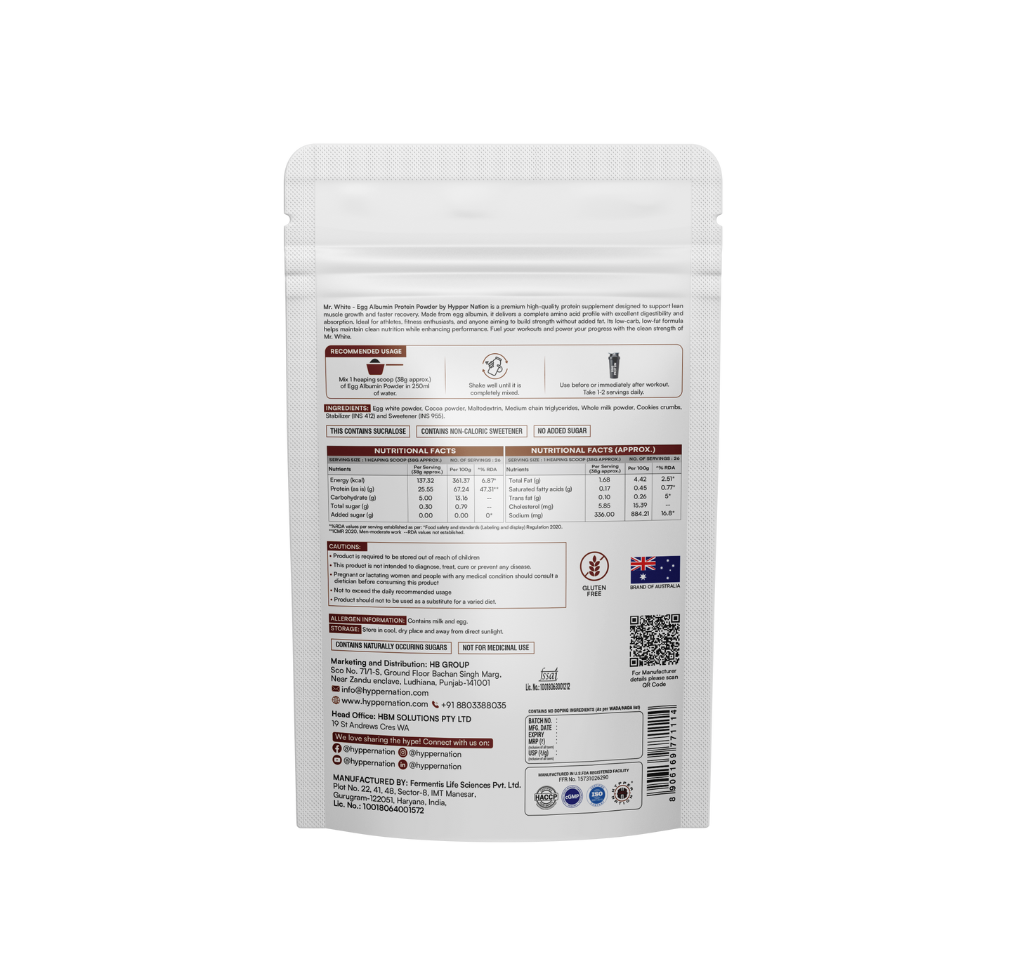 Mr. White Egg Albumin Protein 1kg (26 Servings) – 25g Protein, No Added Sugar, Gluten Free | Chocolate Crunchy