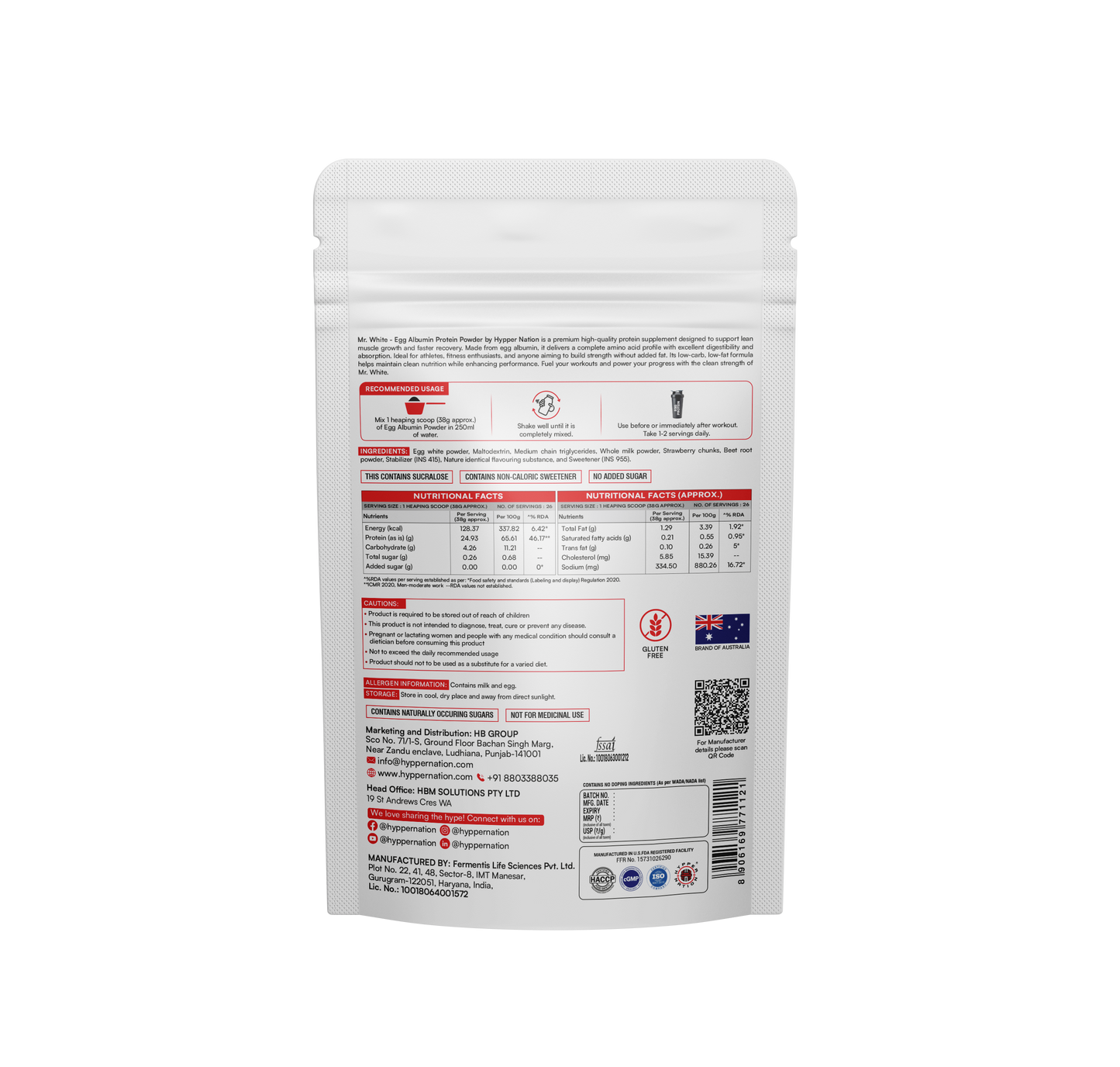 Mr. White Egg Albumin Protein 1kg (26 Servings) – 25g Protein, No Added Sugar, Gluten Free | Pouc Strawberry