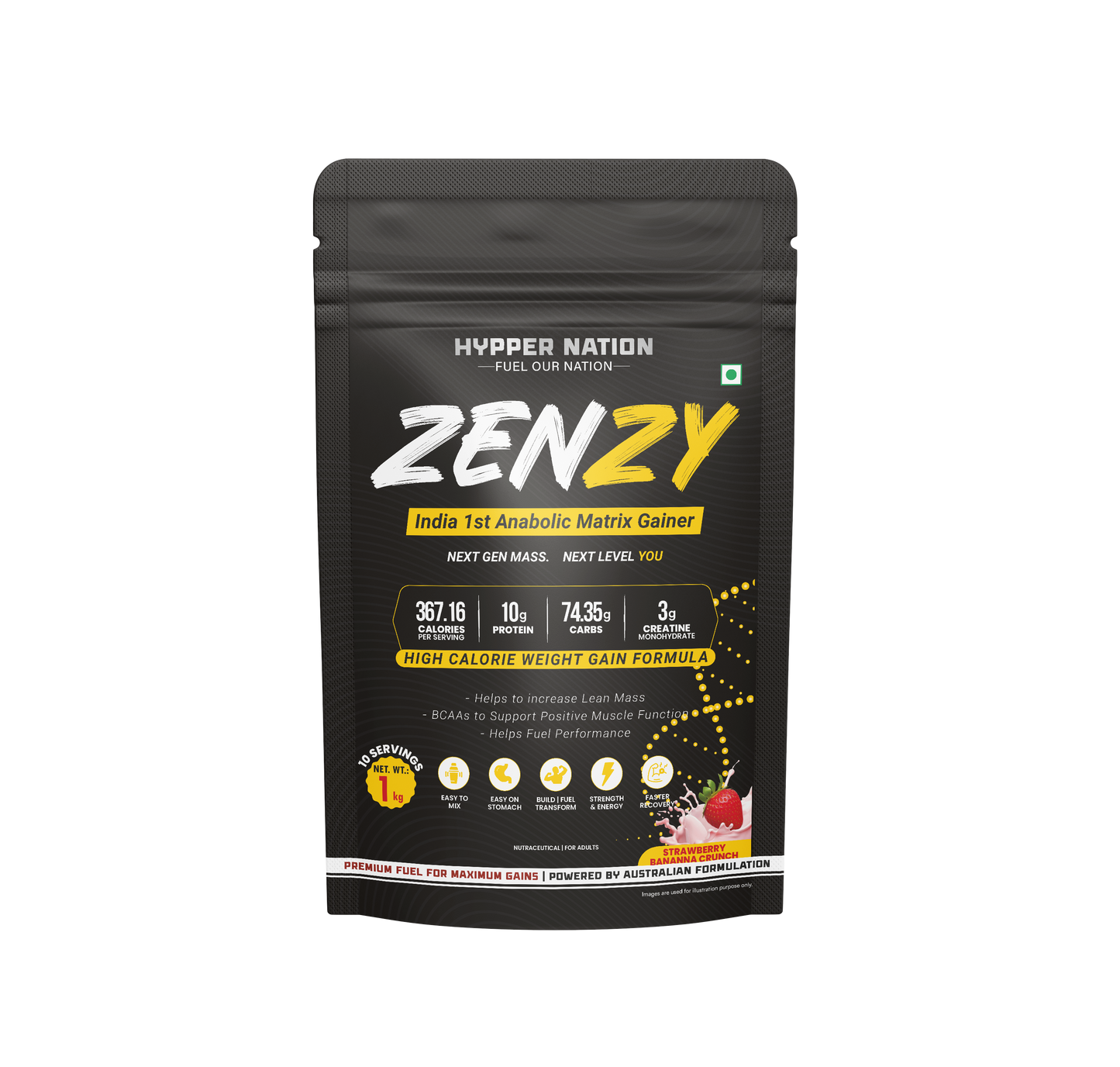 Hypper Nation ZENZY Anabolic Matrix Mass Gainer 1kg – Chocolate Crunch | 10g Protein | 74.35g Carbs | 3g Creatine | High-Calorie Weight Gainer
