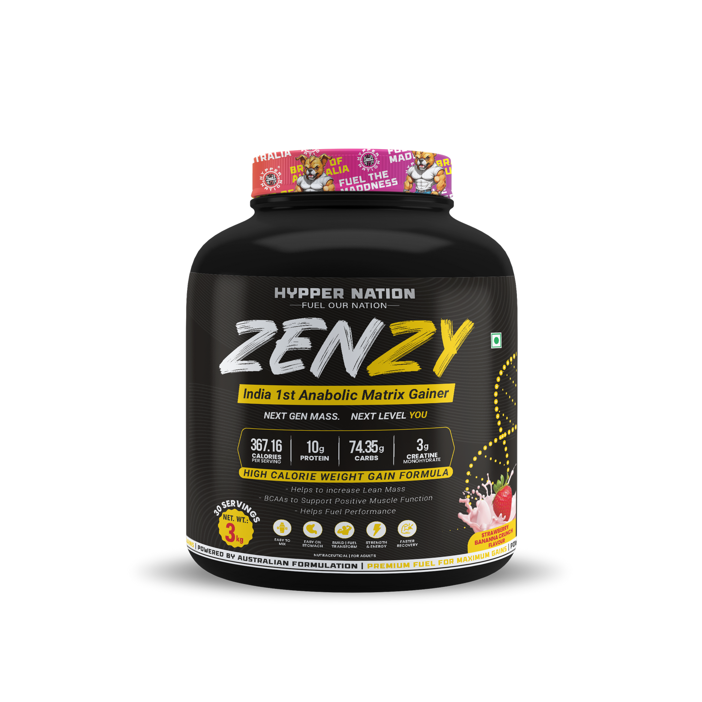 Hypper Nation ZENZY Anabolic Matrix Mass Gainer 3kg – Strawberry Banana Crunch | 10g Protein | 74.35g Carbs | 3g Creatine | High-Calorie Weight Gainer