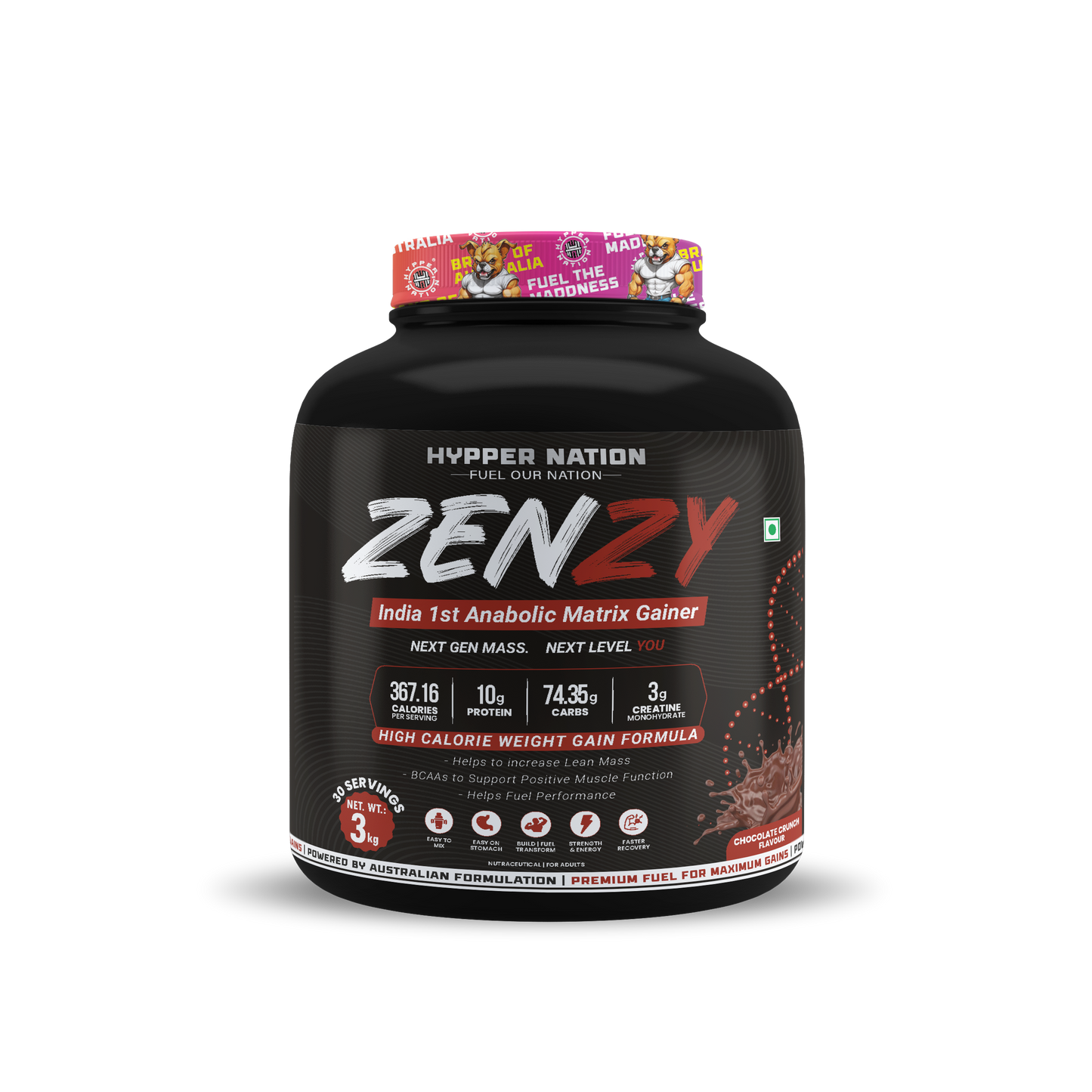 Hypper Nation ZENZY Anabolic Matrix Mass Gainer 1kg – Strawberry Banana Crunch | 10g Protein | 74.35g Carbs | 3g Creatine | High-Calorie Weight Gainer