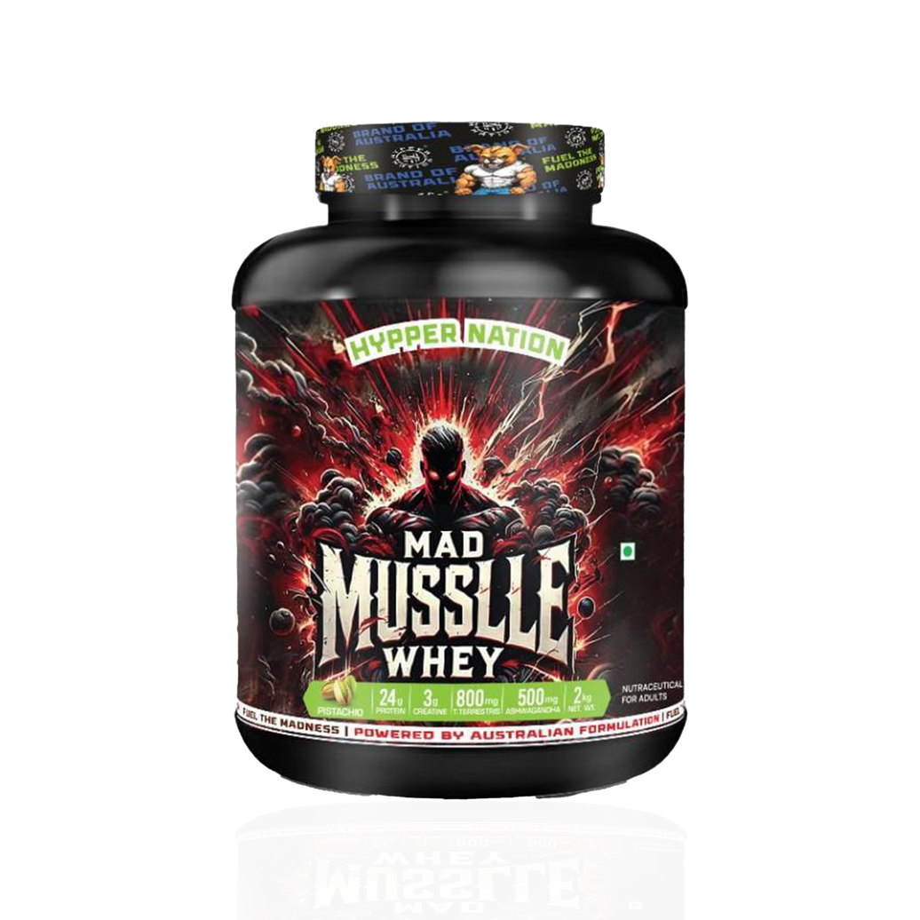 MAD MUSSLLE ADVANCED WHEY – 2KG (53 SERVINGS) 24G PROTEIN, 3G CREATINEM 200MG, ASHWAGANDHA, 800mg TRIBULUS (PISTACHIO))