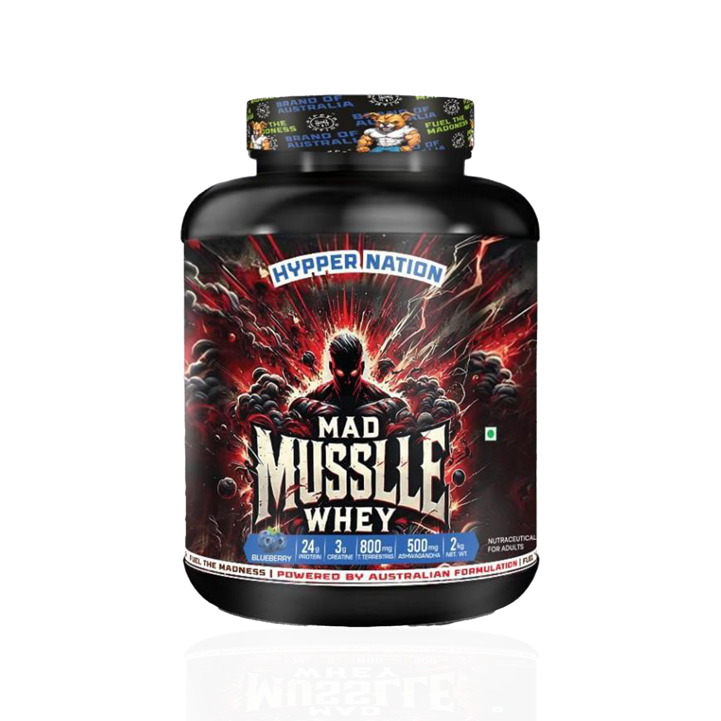 MAD MUSSLLE ADVANCED WHEY – 2KG (53 SERVINGS) 24G PROTEIN, 3G CREATINEM 200MG, ASHWAGANDHA, 800mg TRIBULUS (BLUEBERRY))