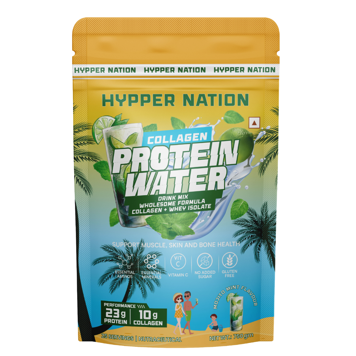 Hyppernation Protein Water + Collagen | Isolate Whey Protein | Hydrolysed Collagen | Supports Bone Health Skin Hair |  Mojito Mint | 30 Servings | 750 gms